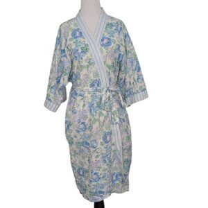 Vintage Miss Elaine Floral Robe Womens Size Medium White Blue Lightweight Belted